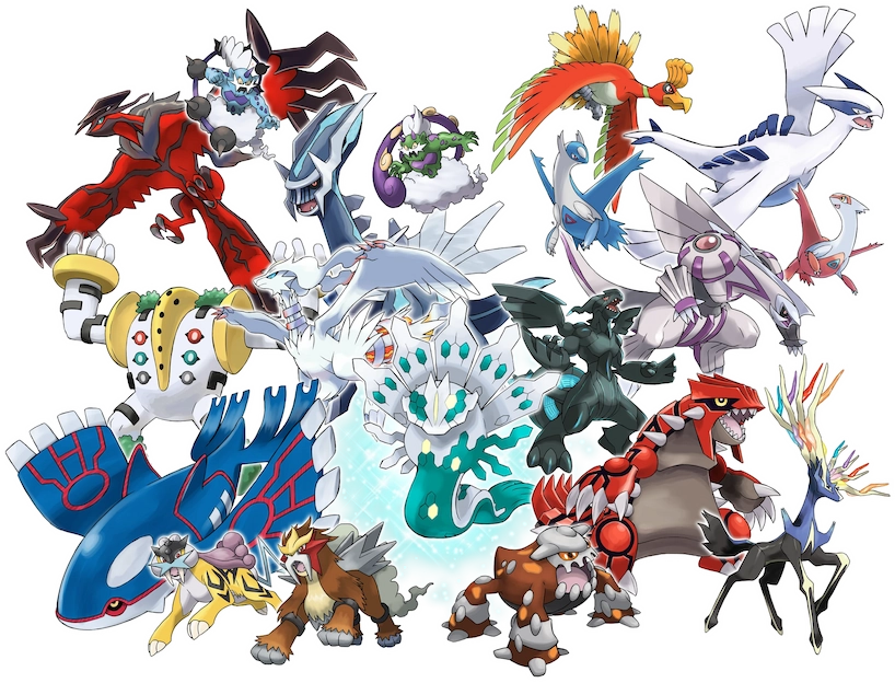 Group of legendary Pokémon standing together in a dramatic scene